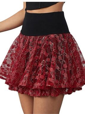 Women's Red Lace Layered Mini Skirt